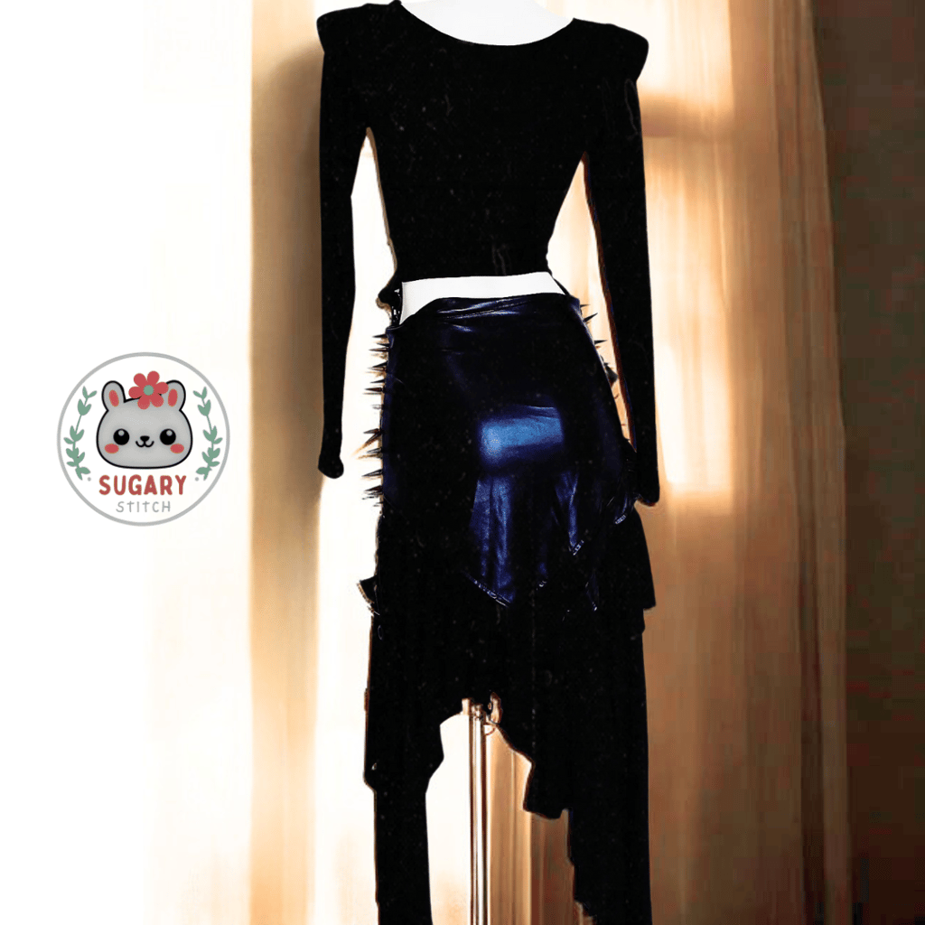 Red spiky punk-style long sleeve top + faux leather skirt set
