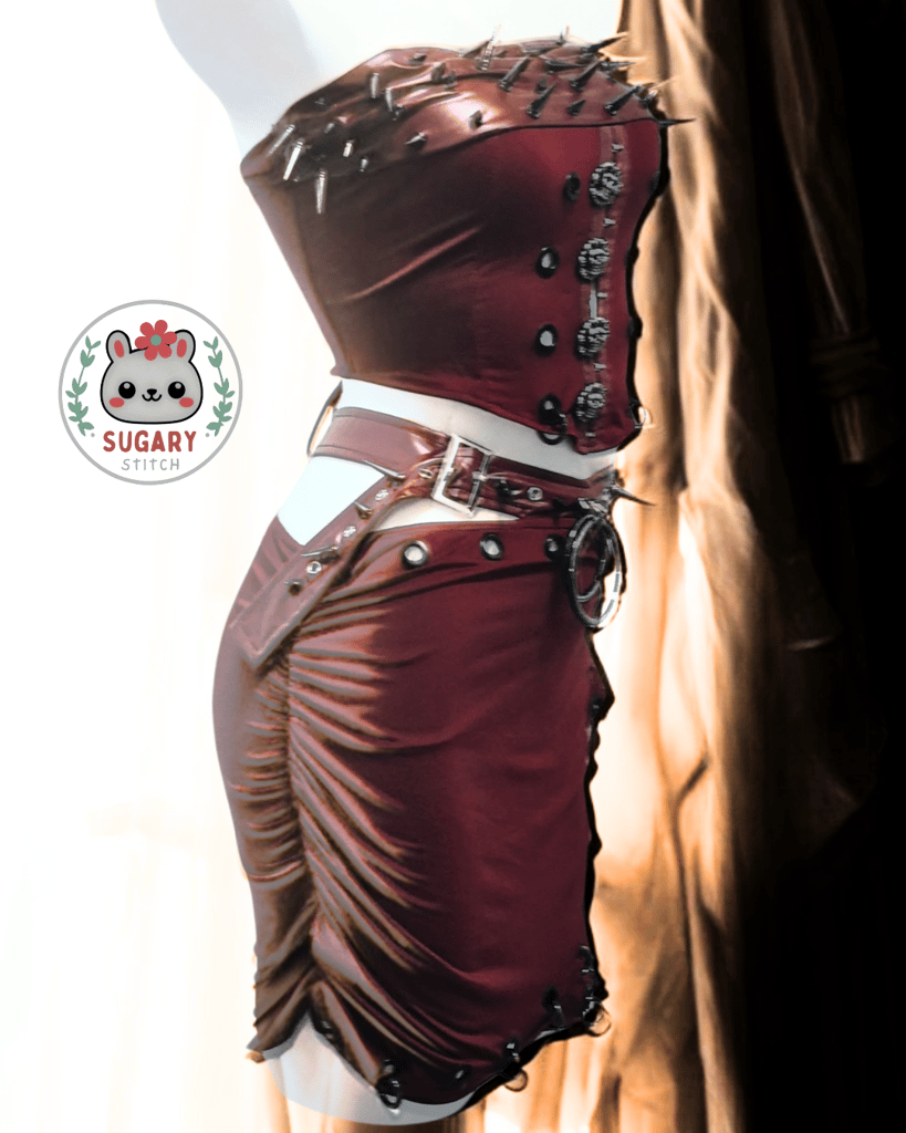 Burgundy desert-style strappy wrap skirt + spiky top set