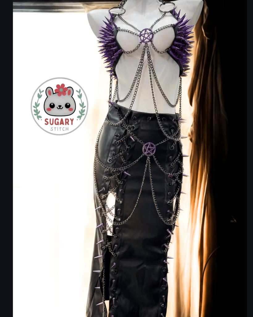 Purple pentagram bra top + side slit maxi skirt