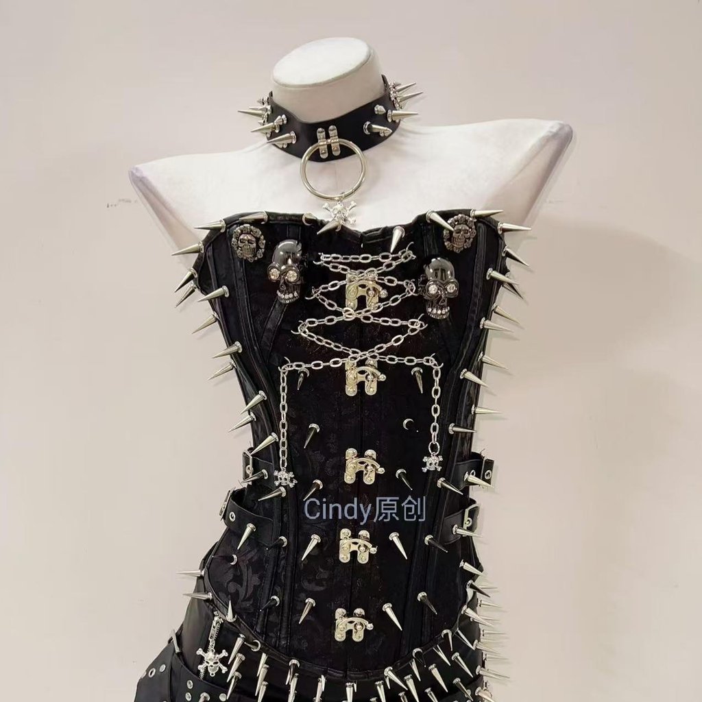 Original babes gothic punk style rivets dark flower PU leather skull sexy bandeau vest top