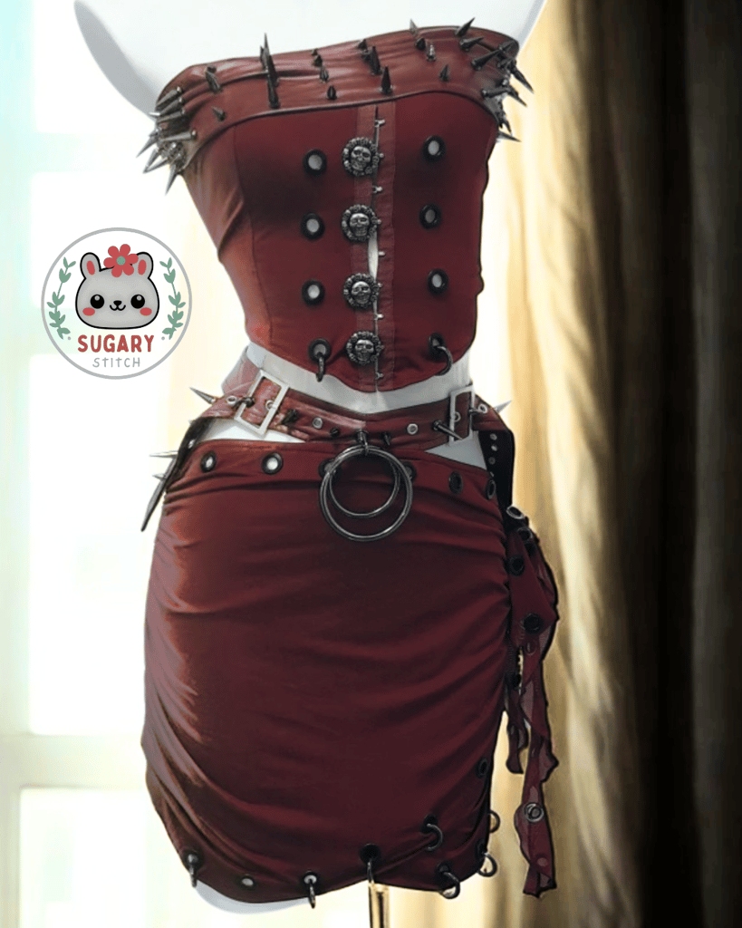 Burgundy desert-style strappy wrap skirt + spiky top set