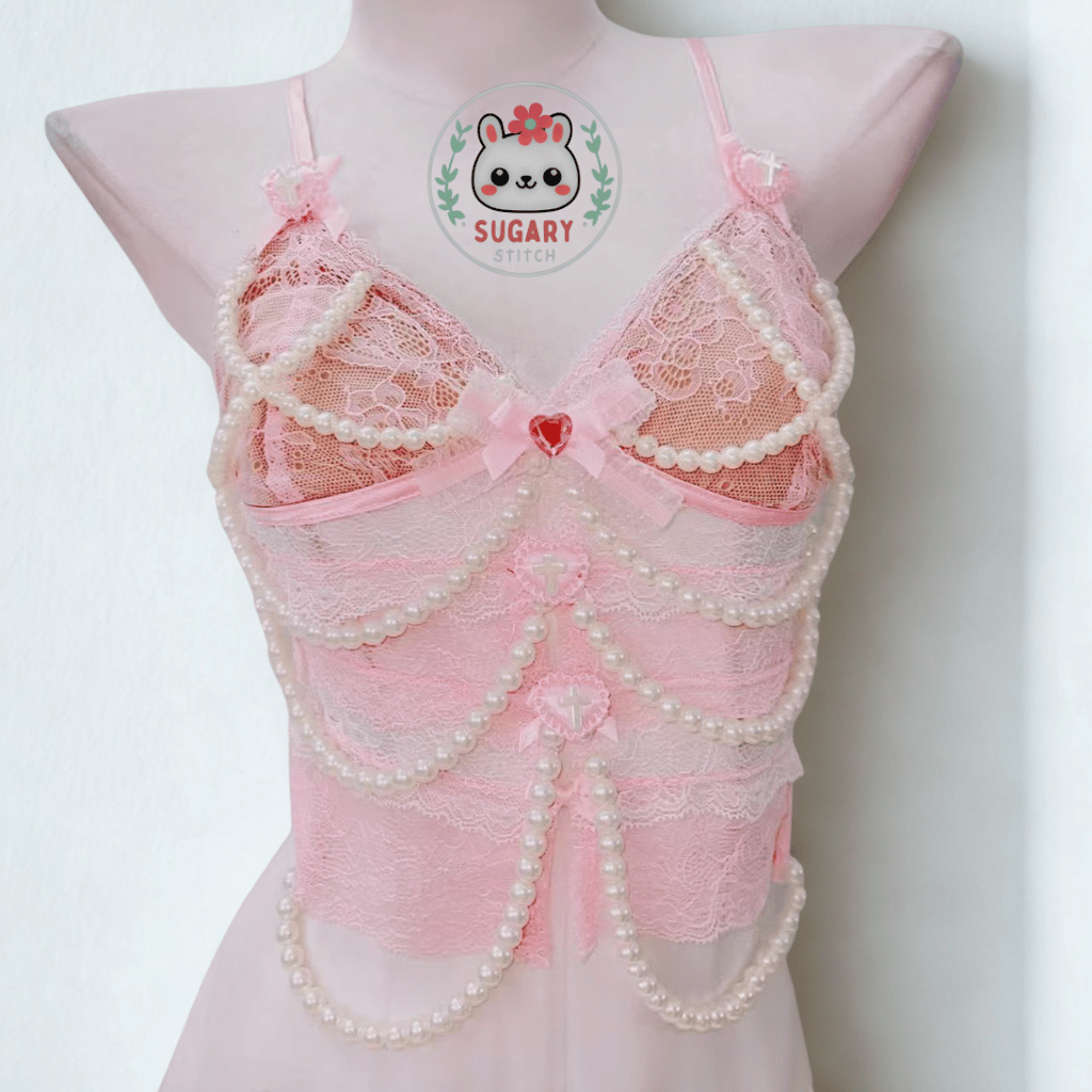 Sweetest lace and faux pearl harajuku cami tank