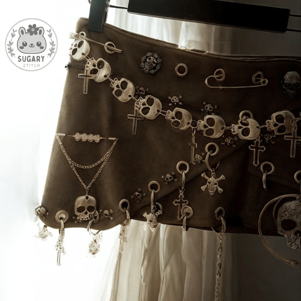 Handcrafted skull & cross embellished gothic mini skirt