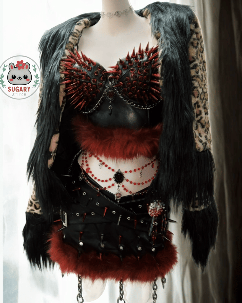 Red spiky faux fur bralette + skirt + leopard print jacket set