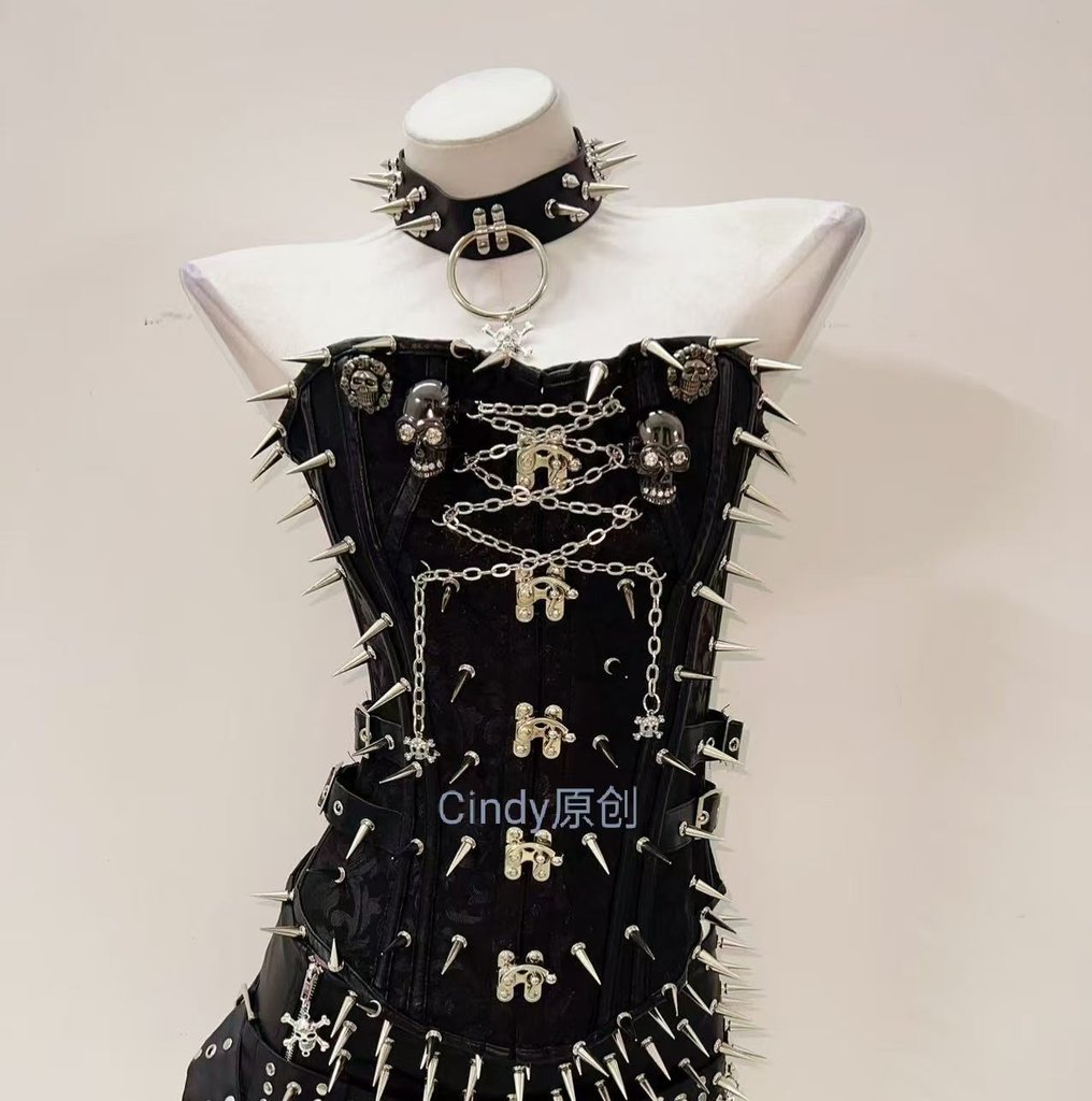 Original babes gothic punk style rivets dark flower PU leather skull sexy bandeau vest top