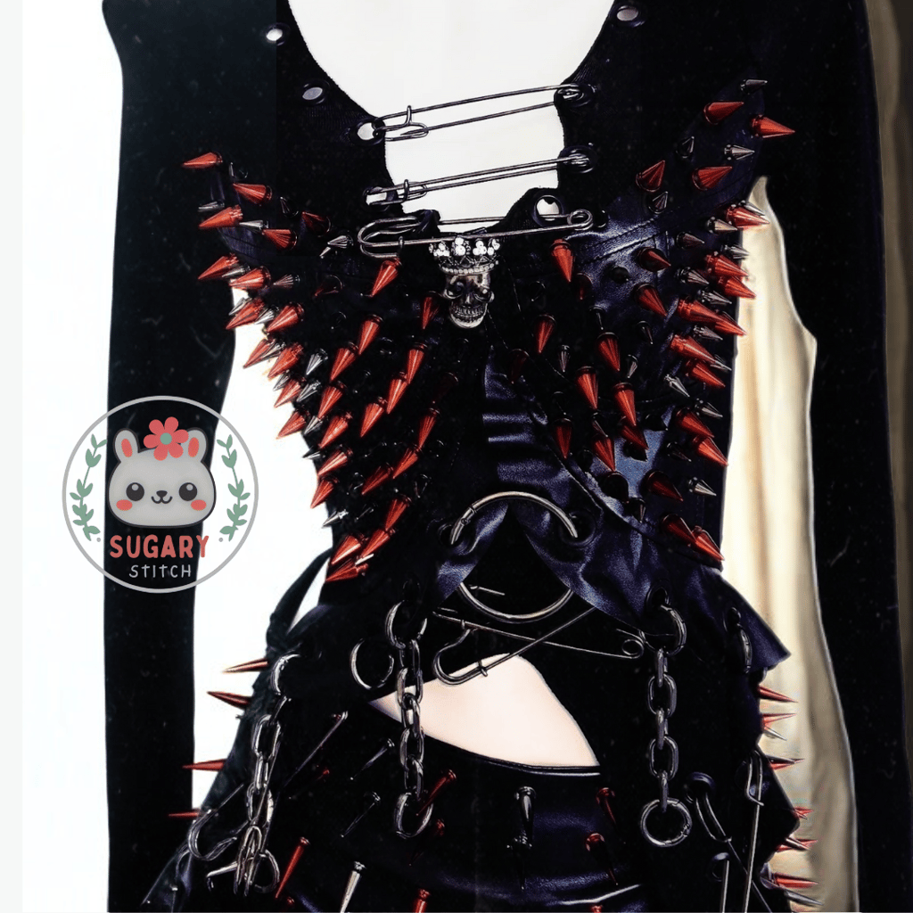 Red spiky punk-style long sleeve top + faux leather skirt set