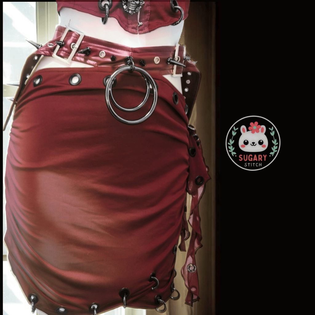 Burgundy desert-style strappy wrap skirt + spiky top set
