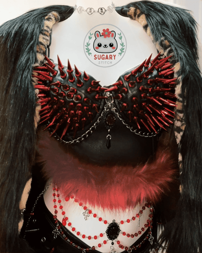 Red spiky faux fur bralette + skirt + leopard print jacket set