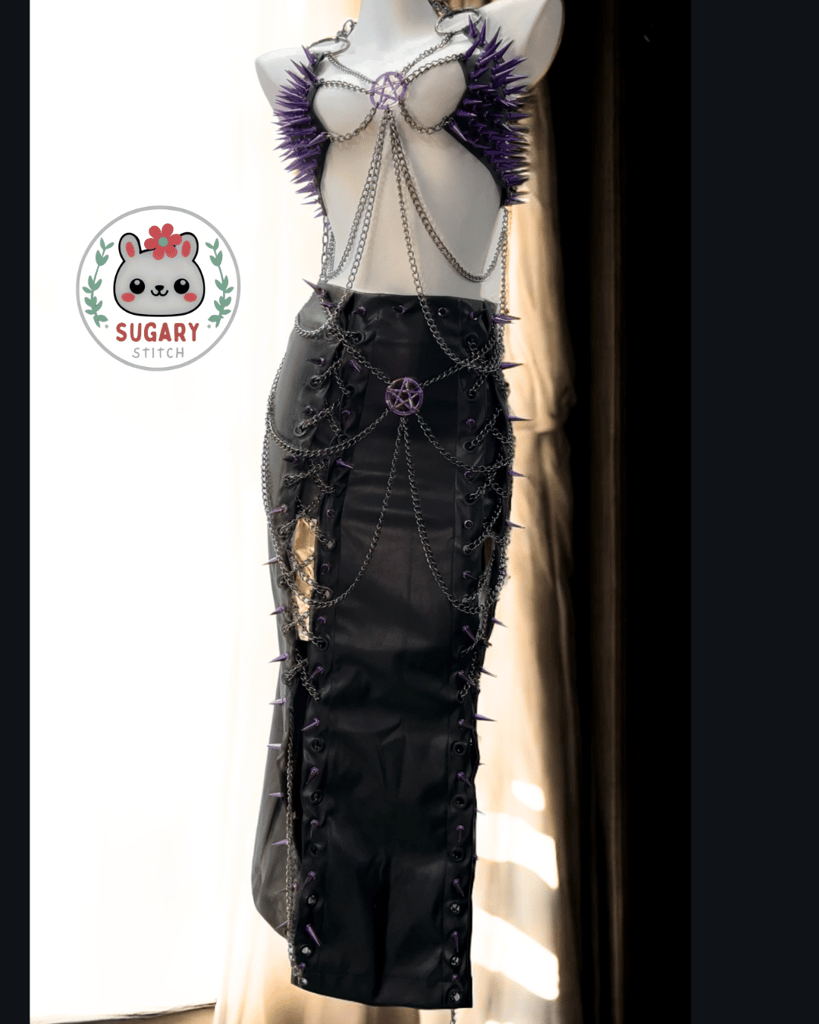 Purple pentagram bra top + side slit maxi skirt