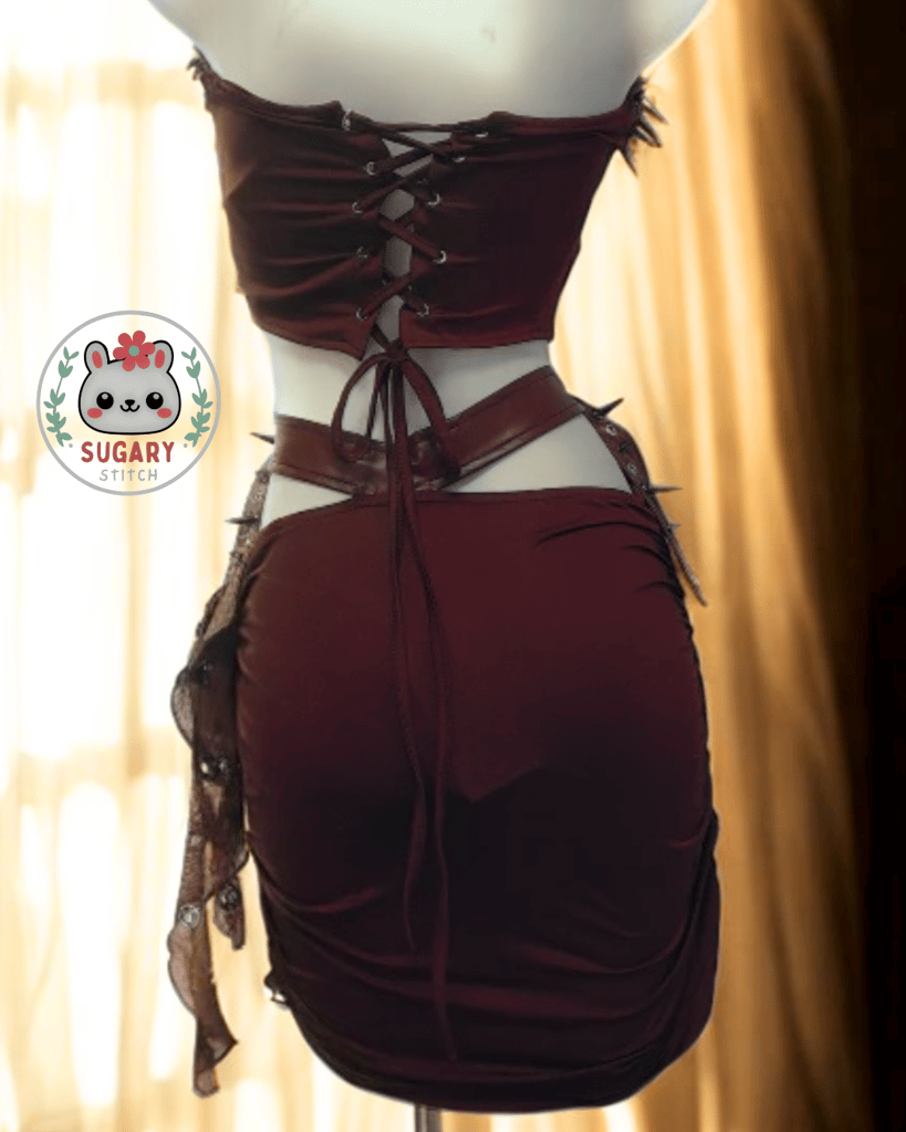 Burgundy desert-style strappy wrap skirt + spiky top set