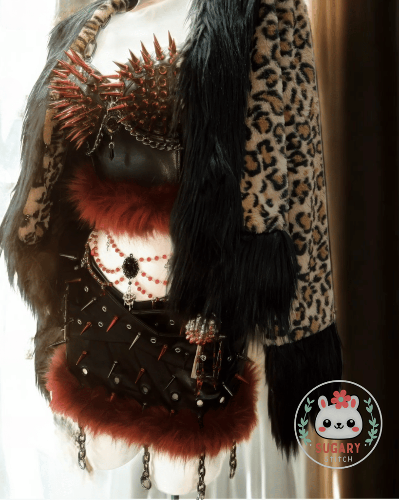 Red spiky faux fur bralette + skirt + leopard print jacket set