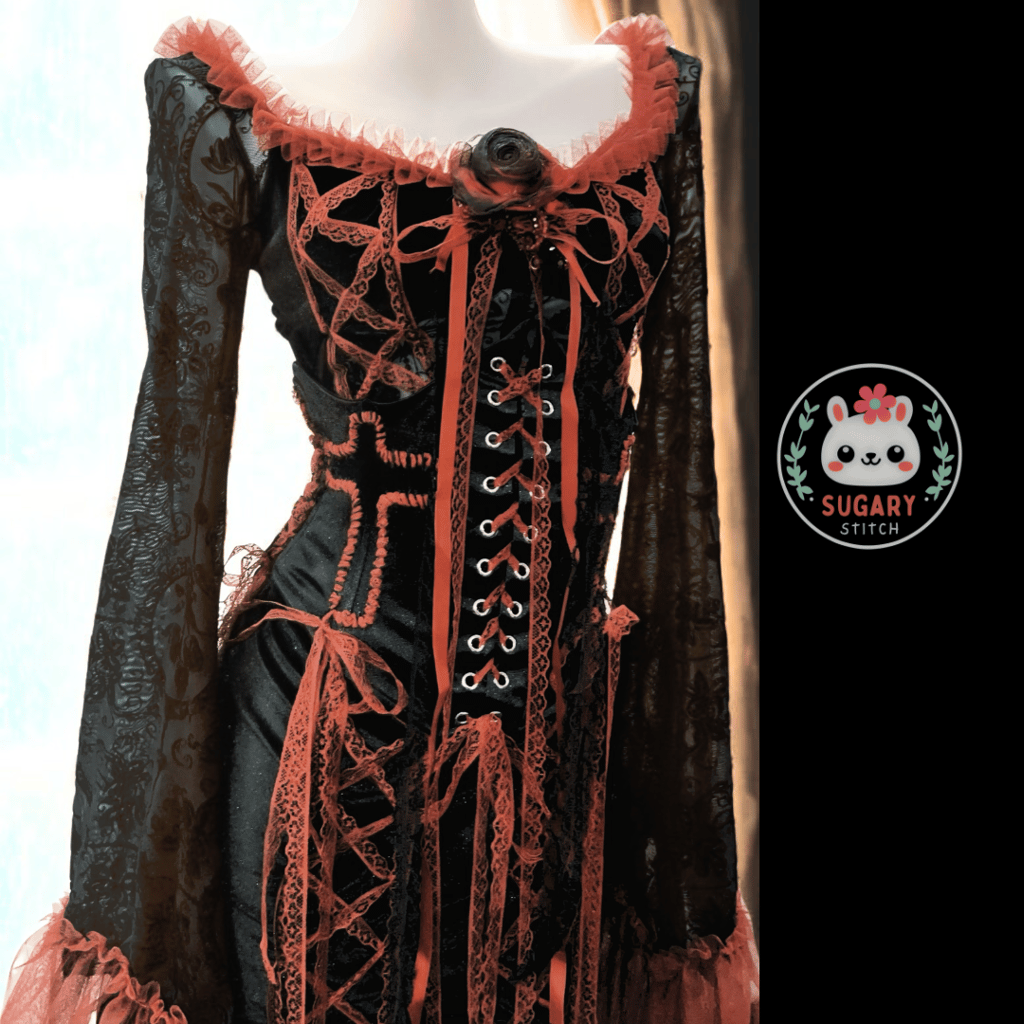 Black and red lace and tulle dramatic maxi dress