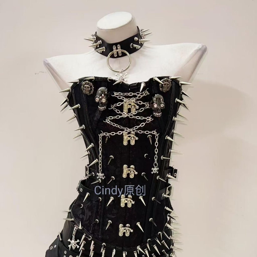 Original babes gothic punk style rivets dark flower PU leather skull sexy bandeau vest top