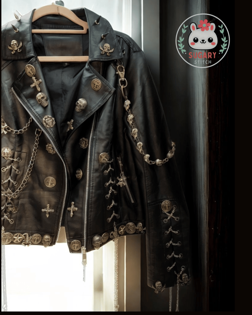 Edgy upcycled faux leather jacket with chains