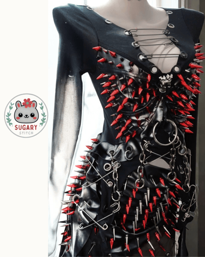 Red spiky punk-style long sleeve top + faux leather skirt set