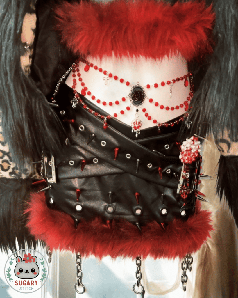 Red spiky faux fur bralette + skirt + leopard print jacket set