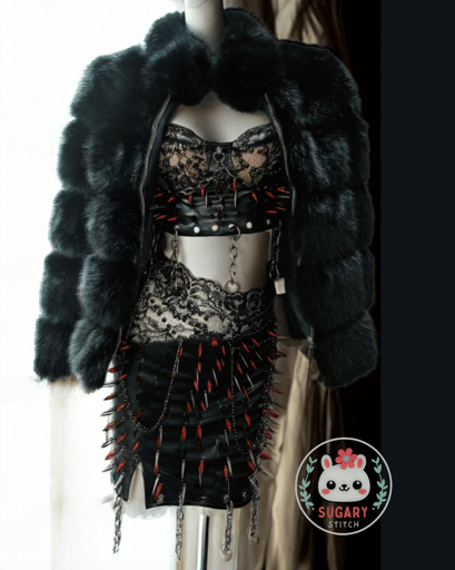 Lace and faux leather spiky top + skirt + coat set