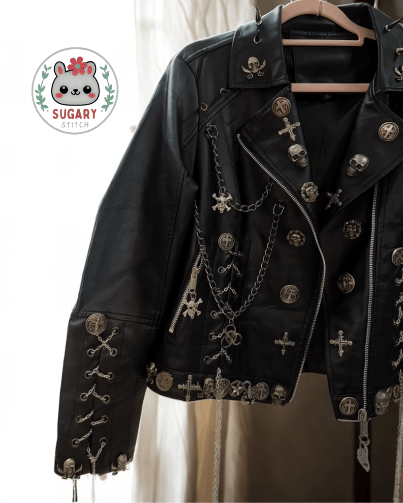 Edgy upcycled faux leather jacket with chains