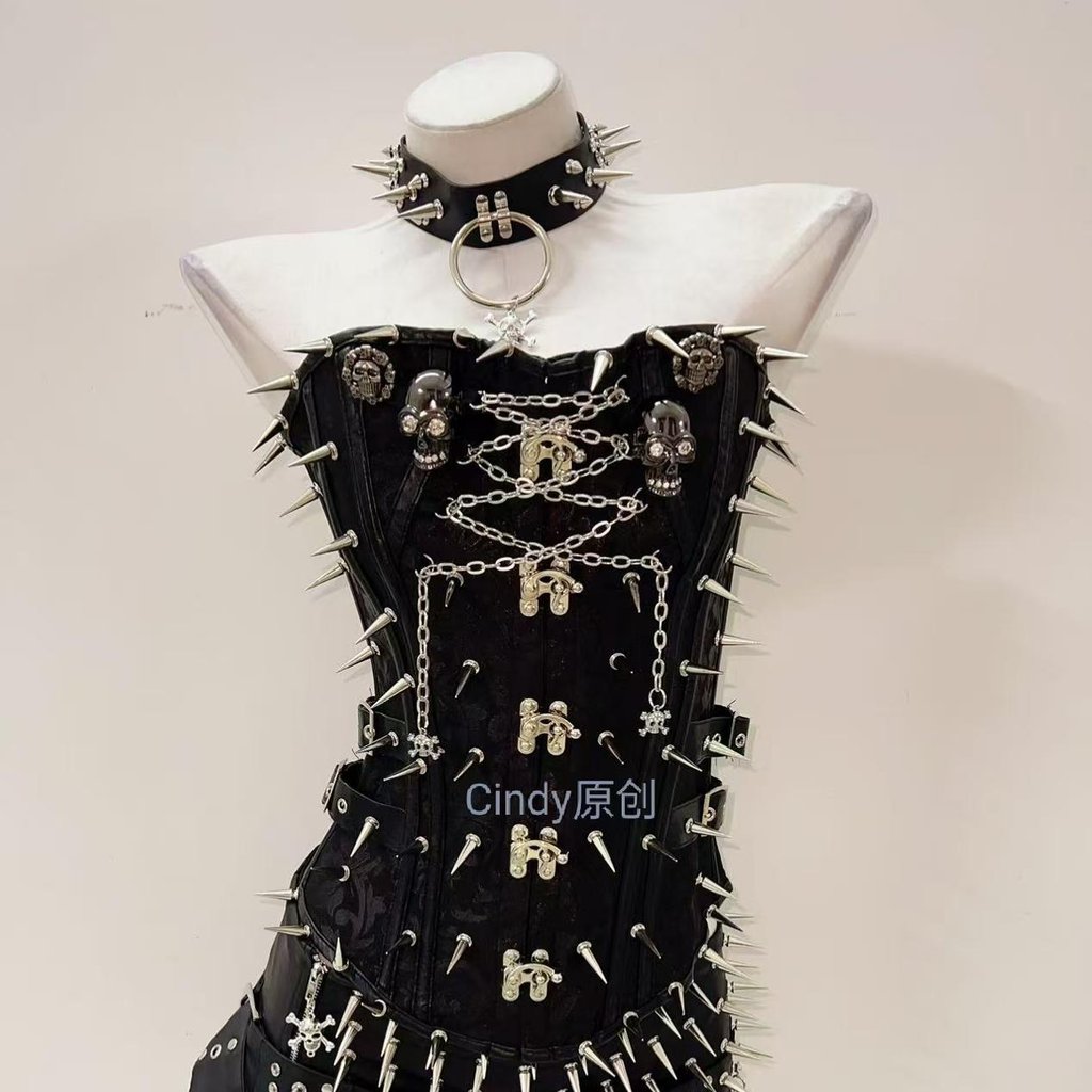 Original babes gothic punk style rivets dark flower PU leather skull sexy bandeau vest top