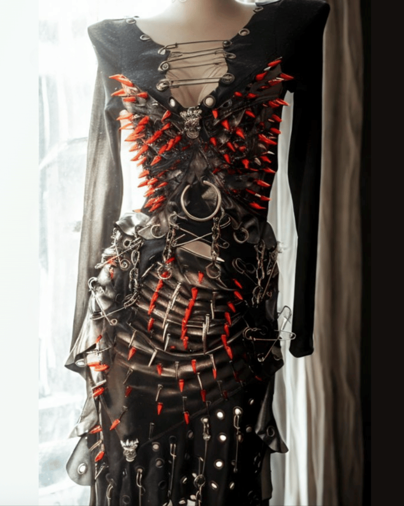 Red spiky punk-style long sleeve top + faux leather skirt set