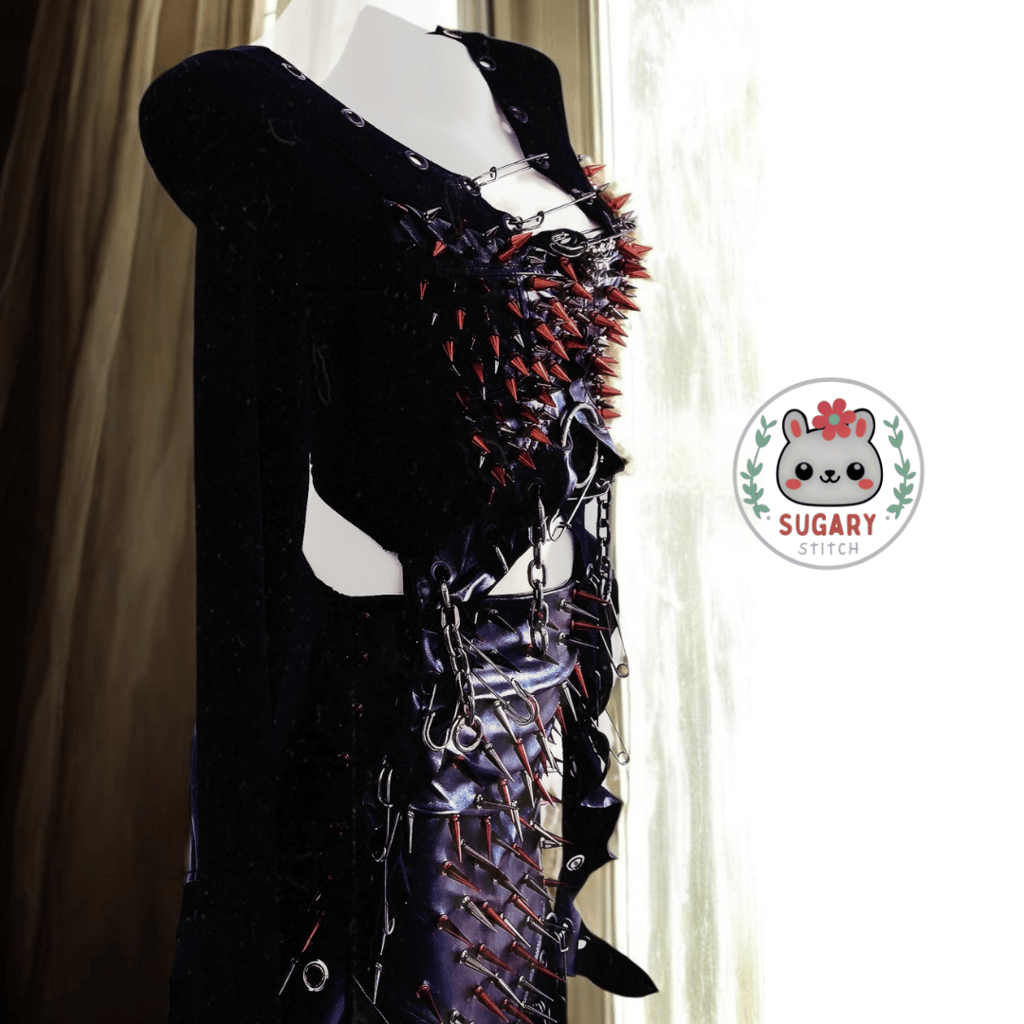 Red spiky punk-style long sleeve top + faux leather skirt set