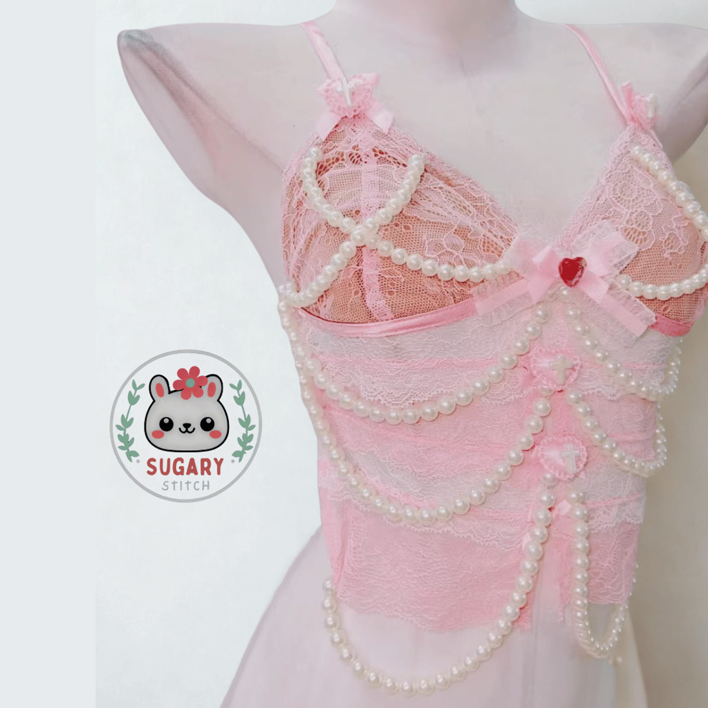 Sweetest lace and faux pearl harajuku cami tank