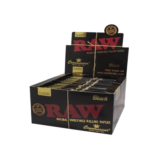 Raw Connoisseur Black Classic King Size Slim Rolling Papers + Tips - 24 Packs