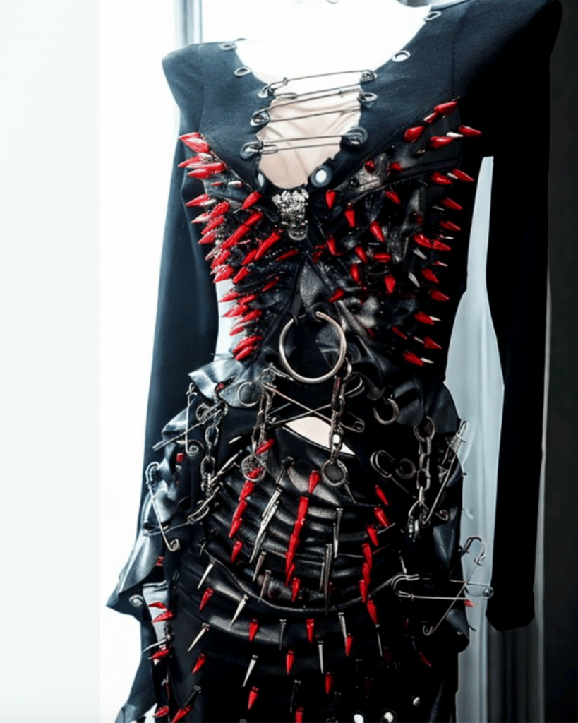 Red spiky punk-style long sleeve top + faux leather skirt set