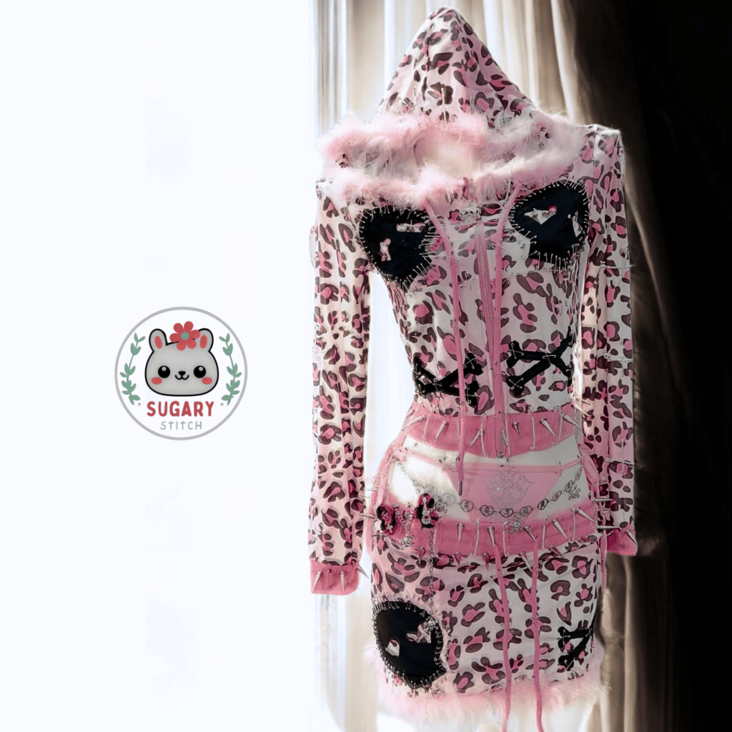 Pink leopard print faux feather 3-piece set