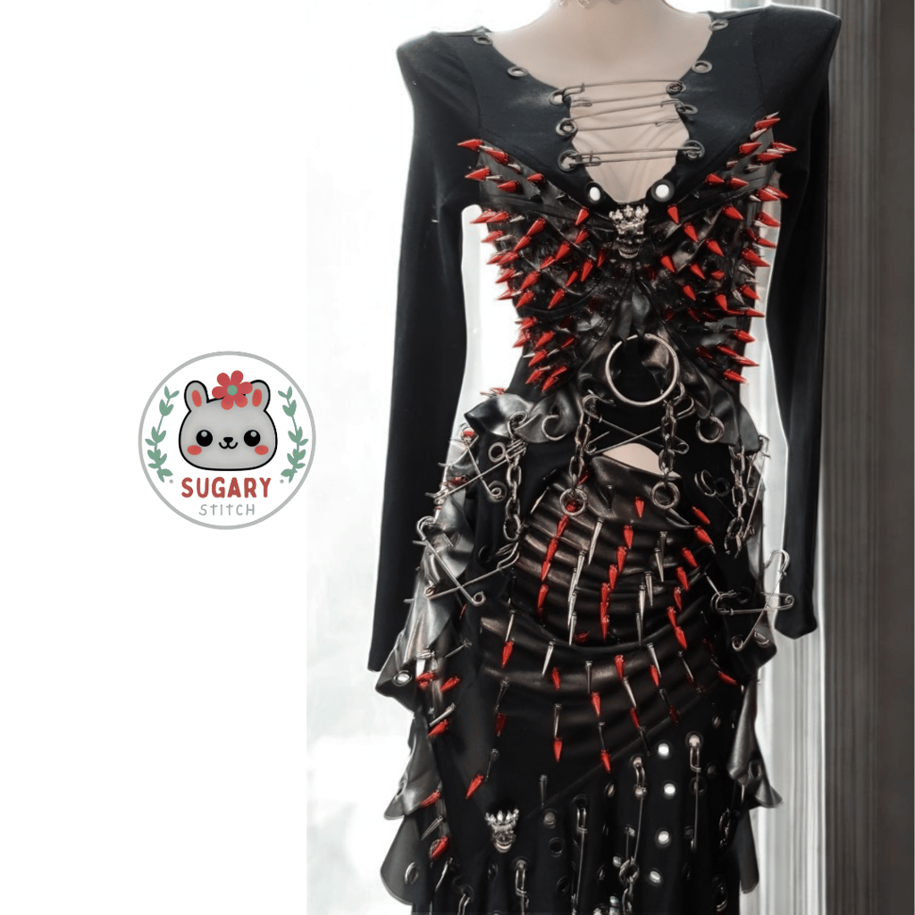 Red spiky punk-style long sleeve top + faux leather skirt set