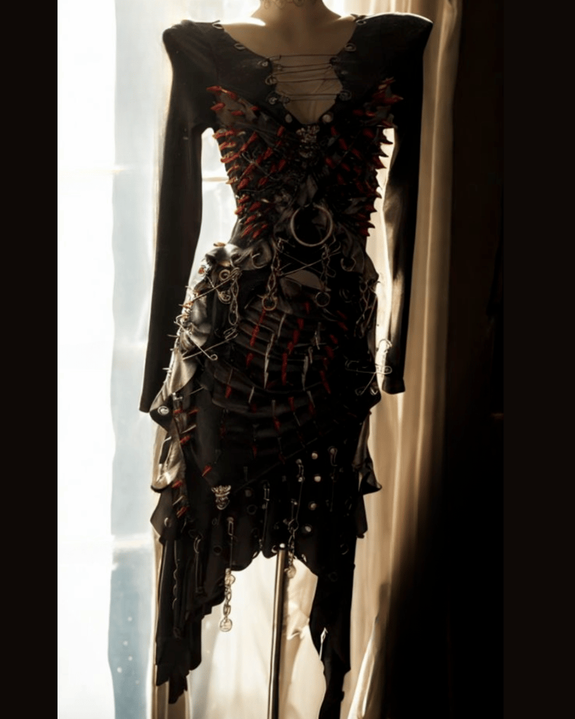Red spiky punk-style long sleeve top + faux leather skirt set