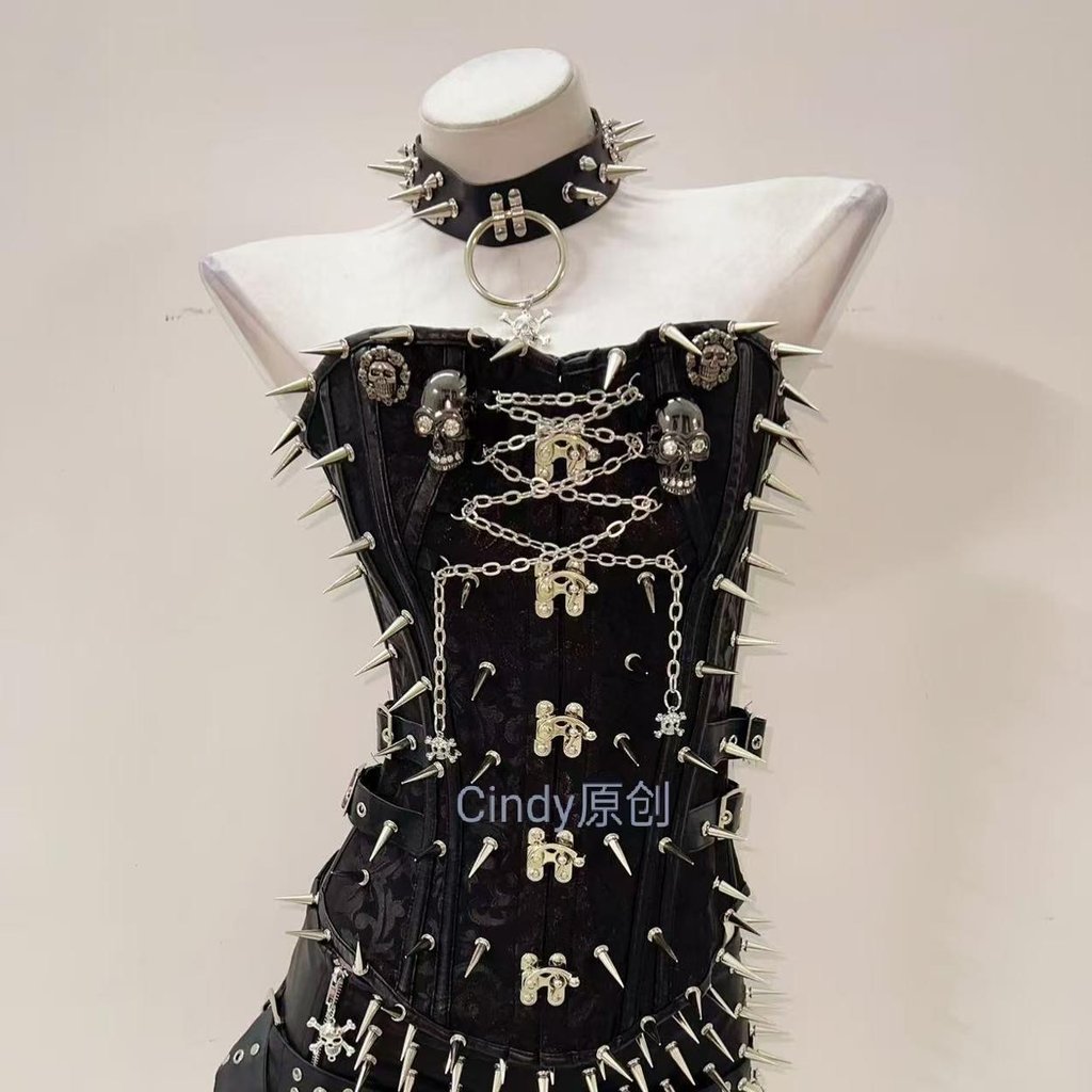 Original babes gothic punk style rivets dark flower PU leather skull sexy bandeau vest top