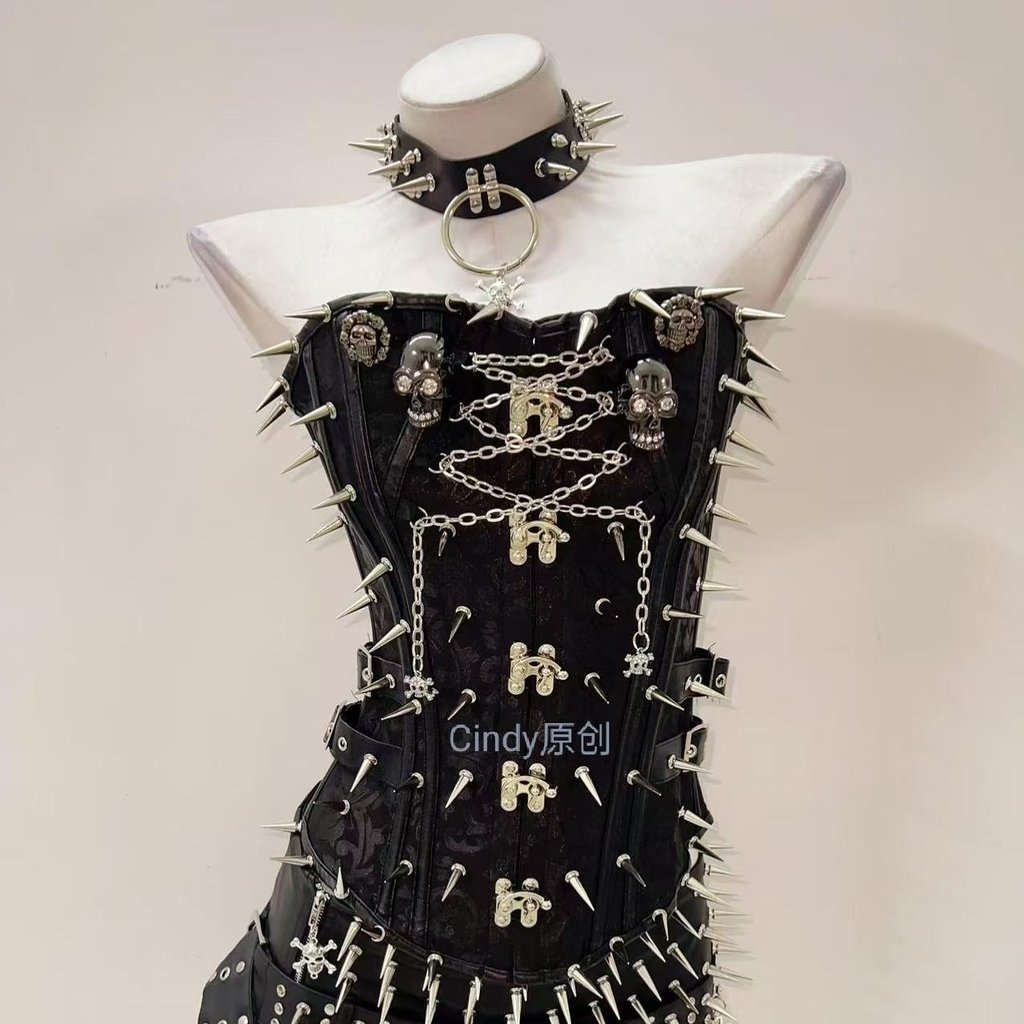 Original babes gothic punk style rivets dark flower PU leather skull sexy bandeau vest top