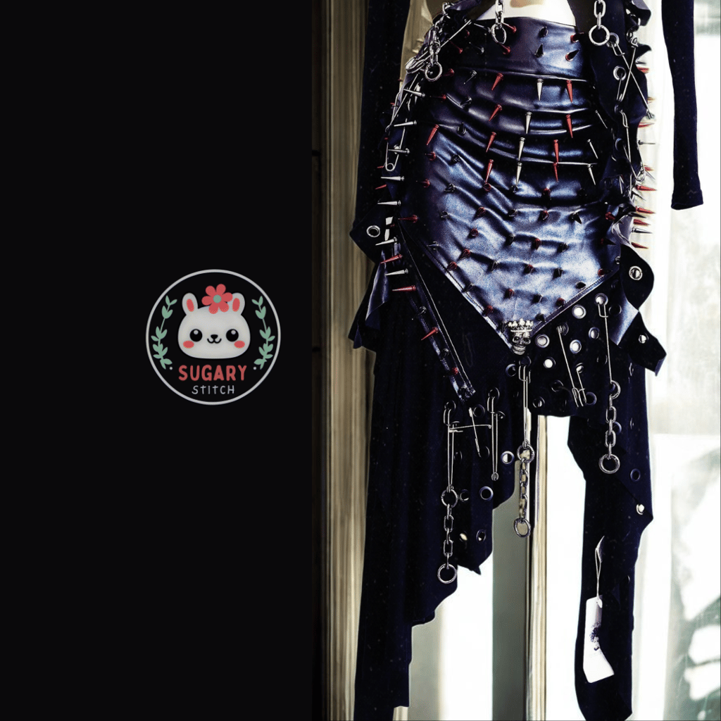 Red spiky punk-style long sleeve top + faux leather skirt set