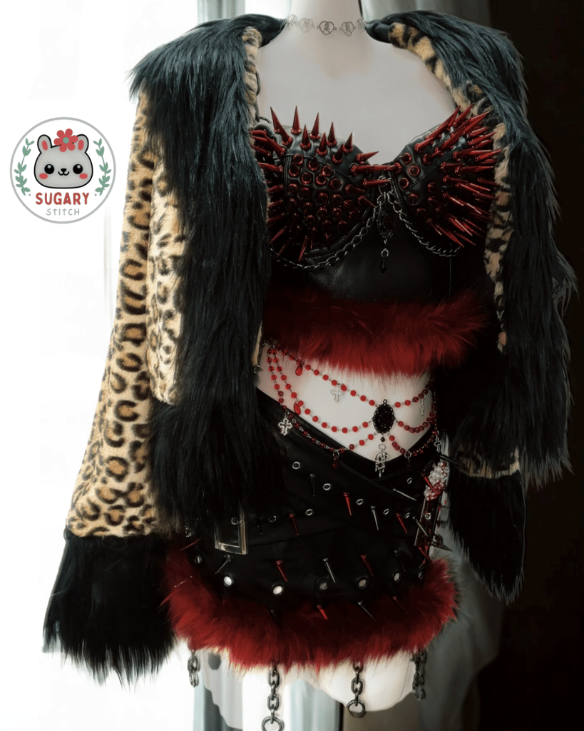 Red spiky faux fur bralette + skirt + leopard print jacket set