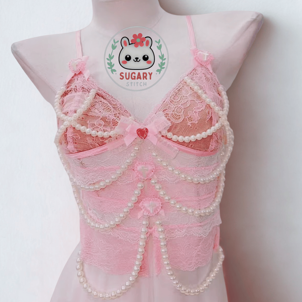 Sweetest lace and faux pearl harajuku cami tank