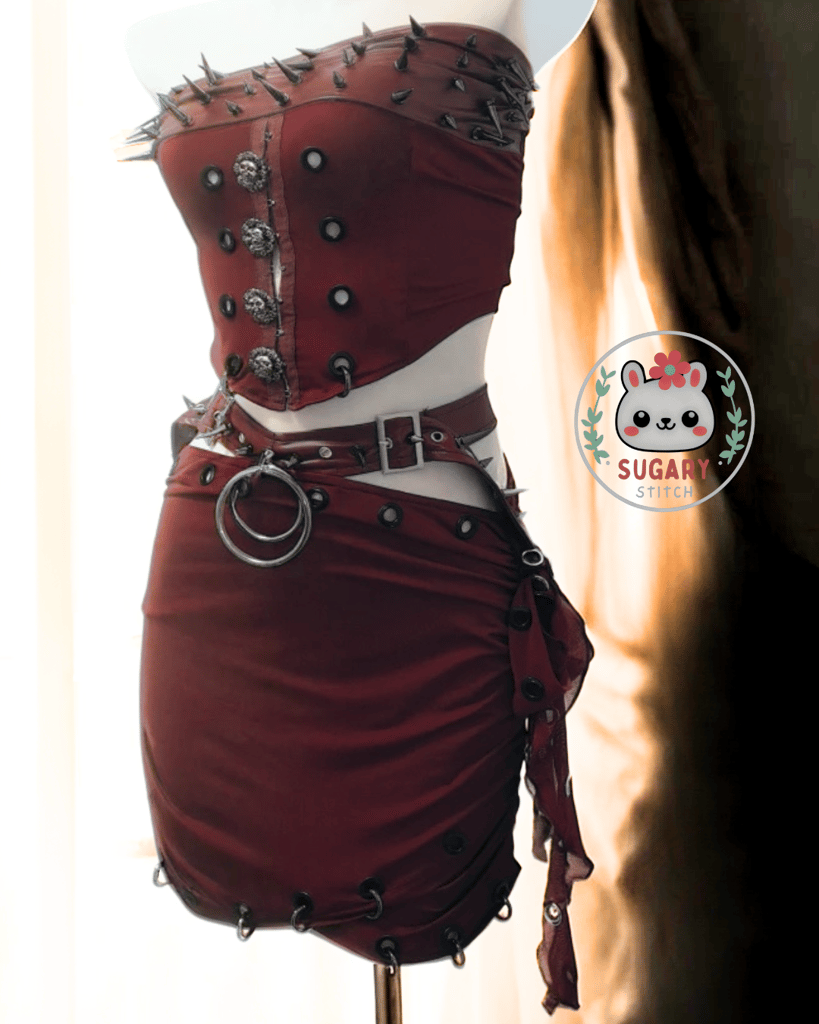 Burgundy desert-style strappy wrap skirt + spiky top set