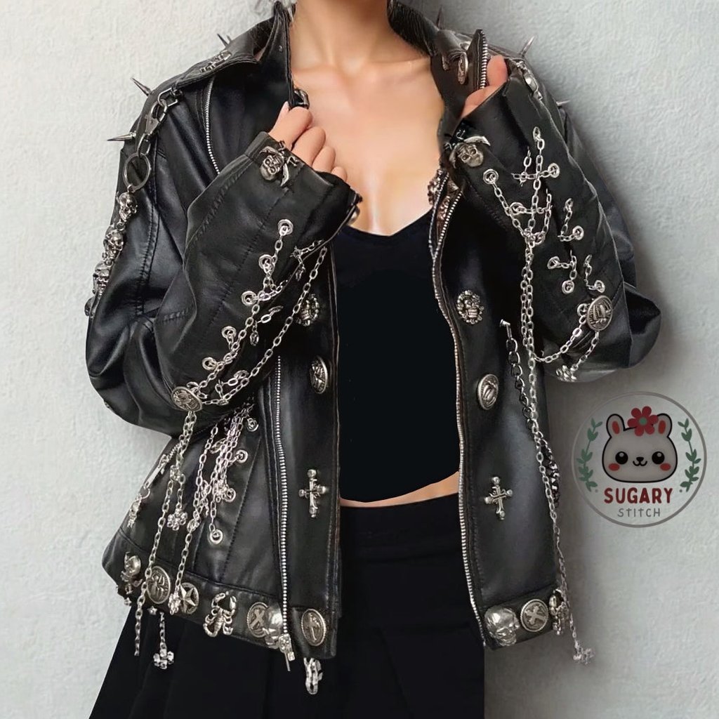 Edgy upcycled faux leather jacket with chains
