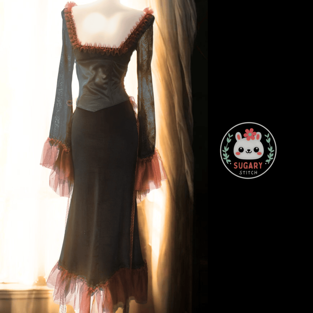 Black and red lace and tulle dramatic maxi dress